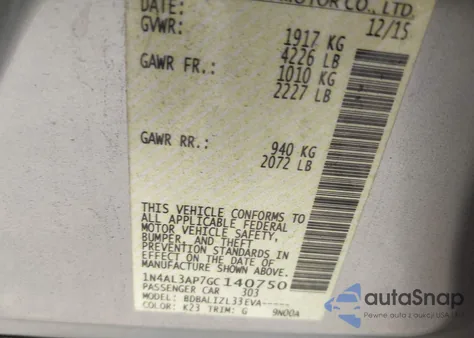 2016 Nissan Altima 2.5 Sv z USA, uszkodzony, nr VIN 1N4AL3AP7GC140750